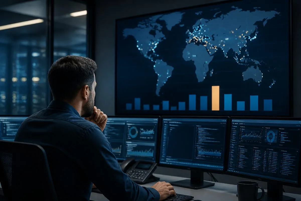 Network engineer reviewing DNS resolution time by region on a monitoring dashboard