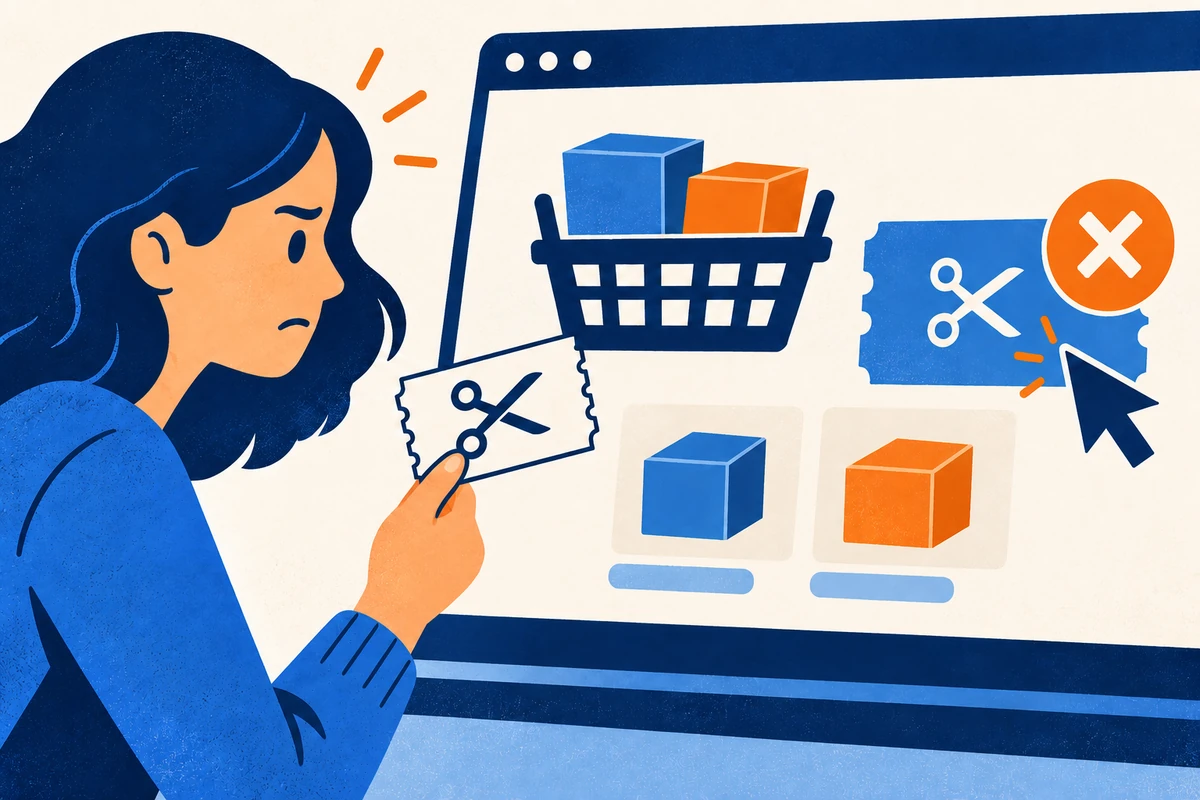 A shopper holds a coupon with a simple pinch grip beside a failed coupon action in the online store.