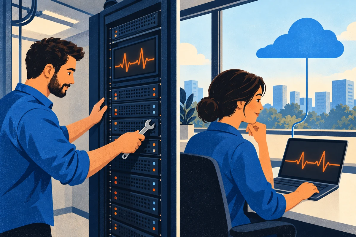 An engineer maintains a local monitoring rack while another reviews a cloud-connected monitoring console.