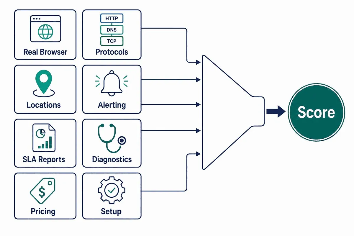 Diagram showing eight weighted evaluation criteria feeding into a single score: real browser, protocols, locations, alerting, SLA reports, diagnostics, pricing, and setup