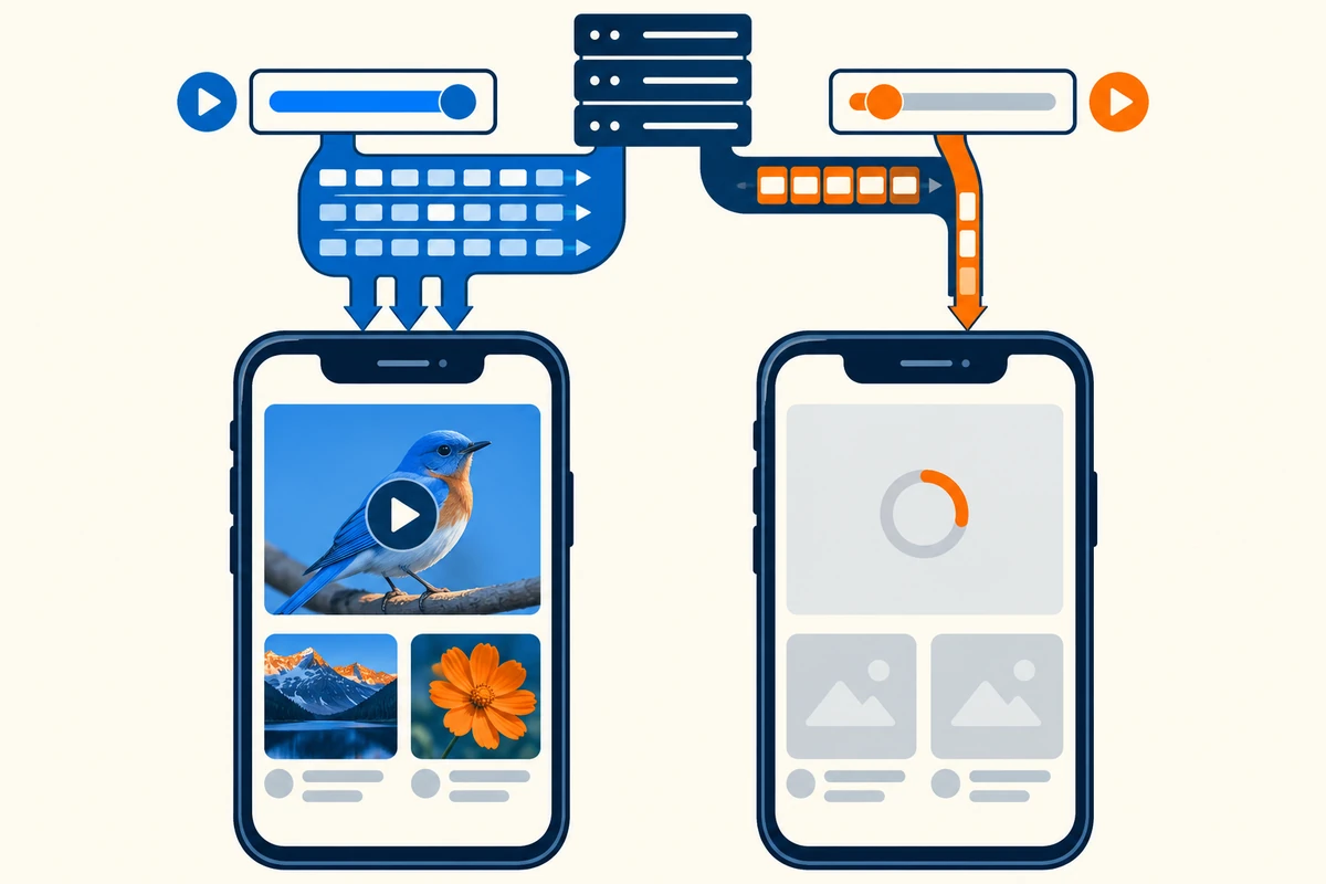 Identical phones test the same page over fast and throttled connections, revealing delayed media loading on the slower profile.