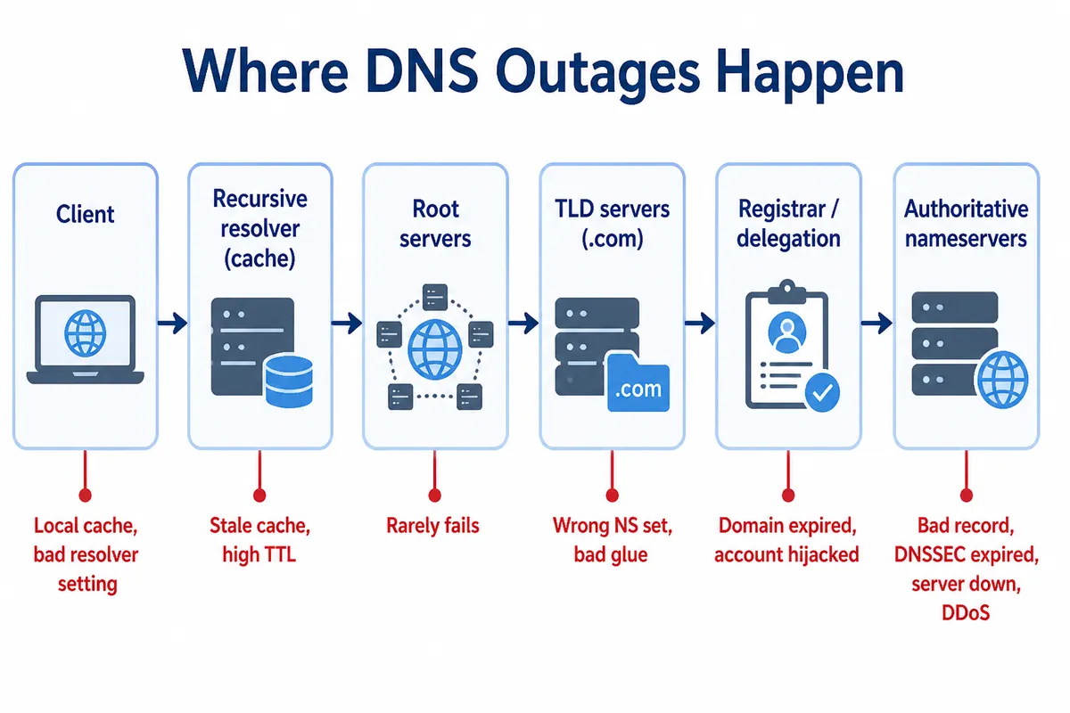Diagram of the DNS resolution chain from registrar and parent delegation through root, TLD, and authoritative nameservers to the recursive resolver cache, with the common outage cause marked at each hop