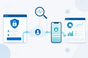 Illustration of a synthetic monitoring check following a user login through an identity provider with single sign-on and multi-factor authentication before reaching the application