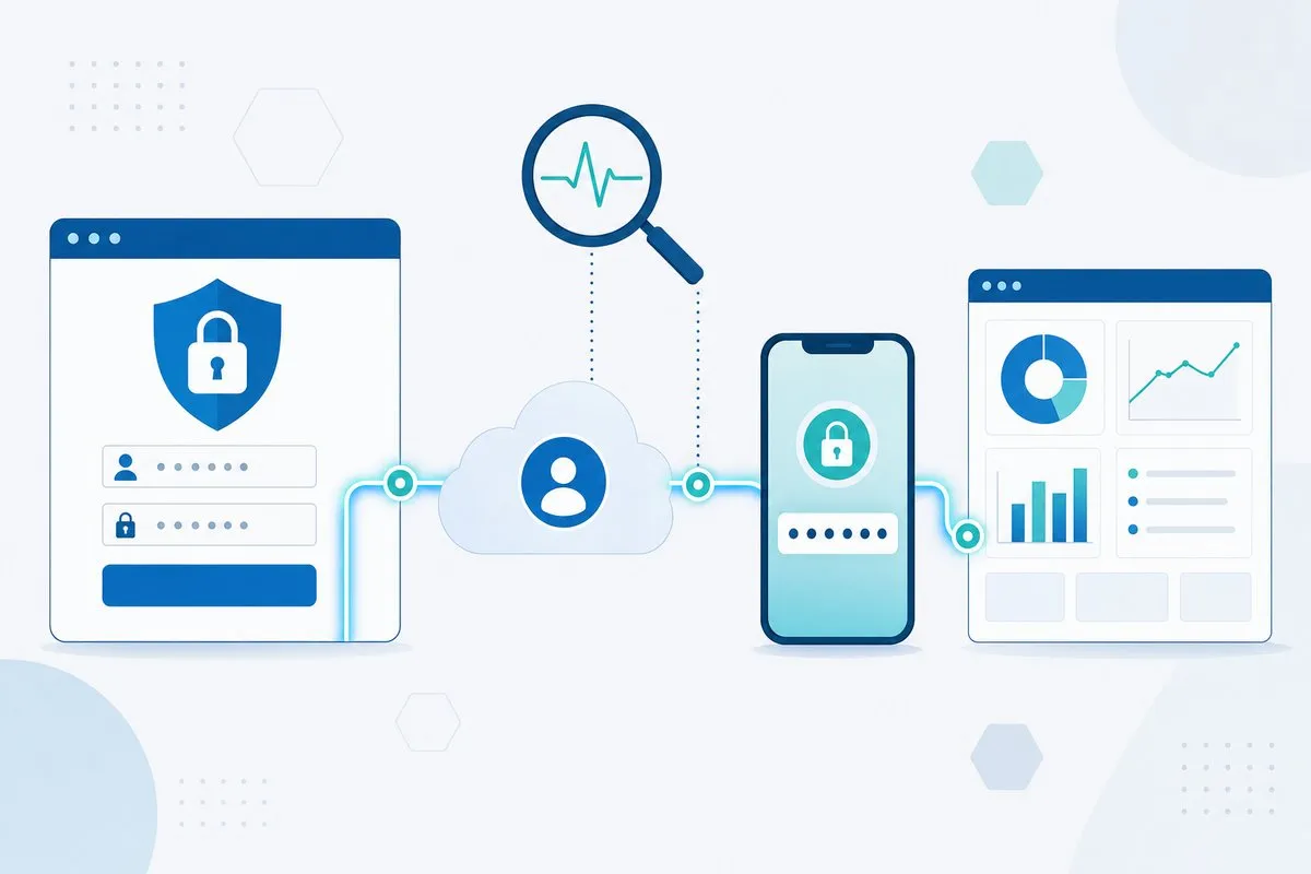 Illustration of a synthetic monitoring check following a user login through an identity provider with single sign-on and multi-factor authentication before reaching the application
