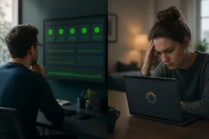 Developer viewing a green APM dashboard while a frustrated user stares at a loading spinner on the same web application