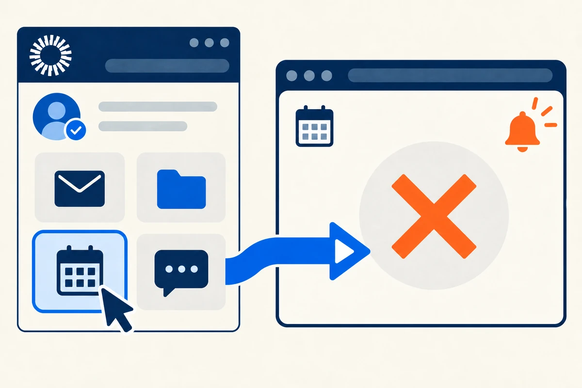 An Okta SSO launcher shows a successful sign-in, while a replay check finds that the selected calendar application fails to load.