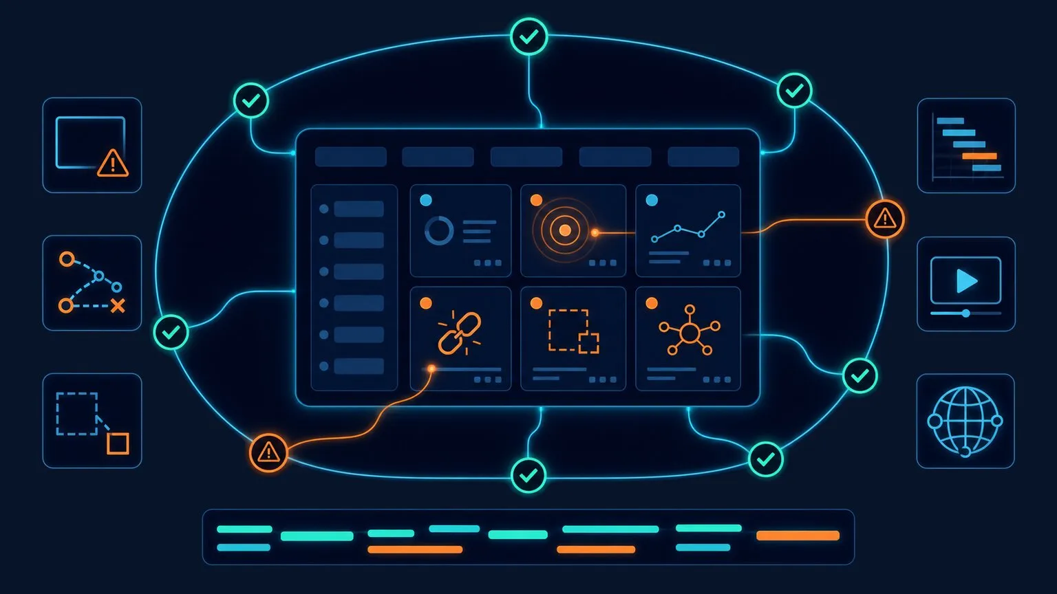 Dark featured image showing a React-style application surface monitored by synthetic checks that reveal client-side rendering, route, hydration, and dependency issues.