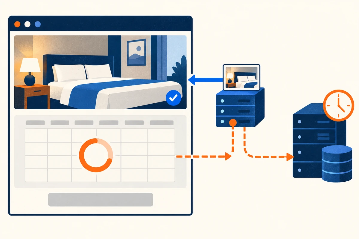 A hotel page loads its cached room image while the availability calendar waits for a slow origin database response.