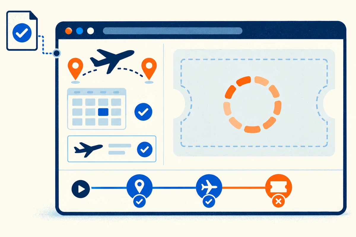 A travel website passes a basic page check, but its booking flow stalls before producing the ticket confirmation.