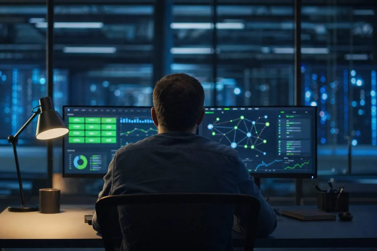 IT operations team monitoring internal applications on dashboards inside a corporate network protected by a firewall