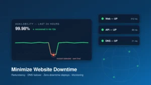 Engineer watching a wall of uptime monitoring dashboards showing a website recovering from downtime