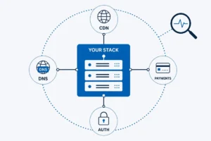 Illustration of a web stack where the team owns the application core but depends on external CDN, DNS, payment, and auth services