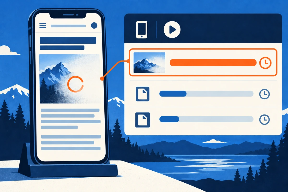 A mobile page waits for its hero image while a performance audit highlights that image’s long loading duration.
