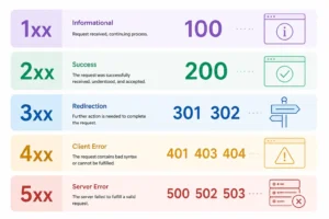 Visual reference of the most common HTTP status codes grouped by category—2xx success, 3xx redirection, 4xx client error, 5xx server error