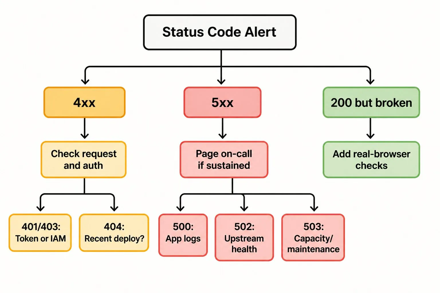 Decision flowchart for triaging HTTP status code alerts—which layer to check first, when to page on-call, when to roll back a deploy