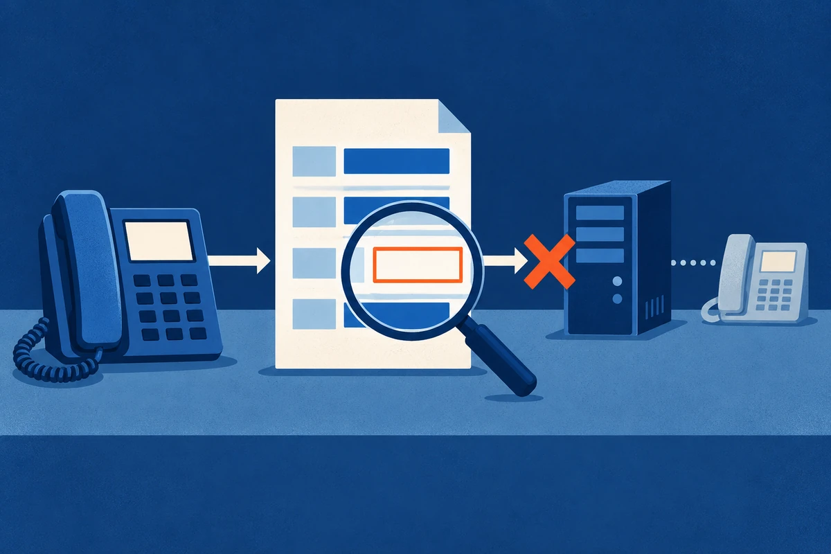 A magnifier highlights a missing field in a VoIP call request that the server rejects before the destination phone rings.
