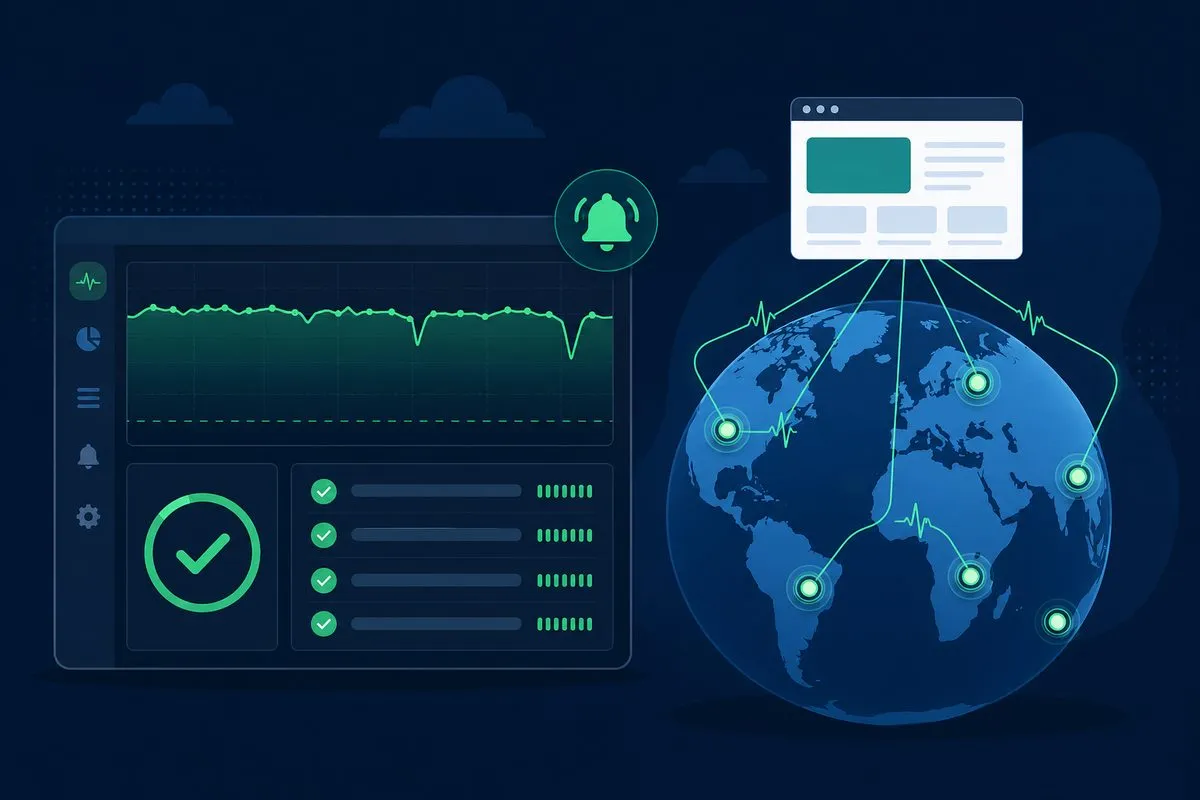 Illustration of website uptime monitoring with a status dashboard, availability graph, and checks running from locations around a globe