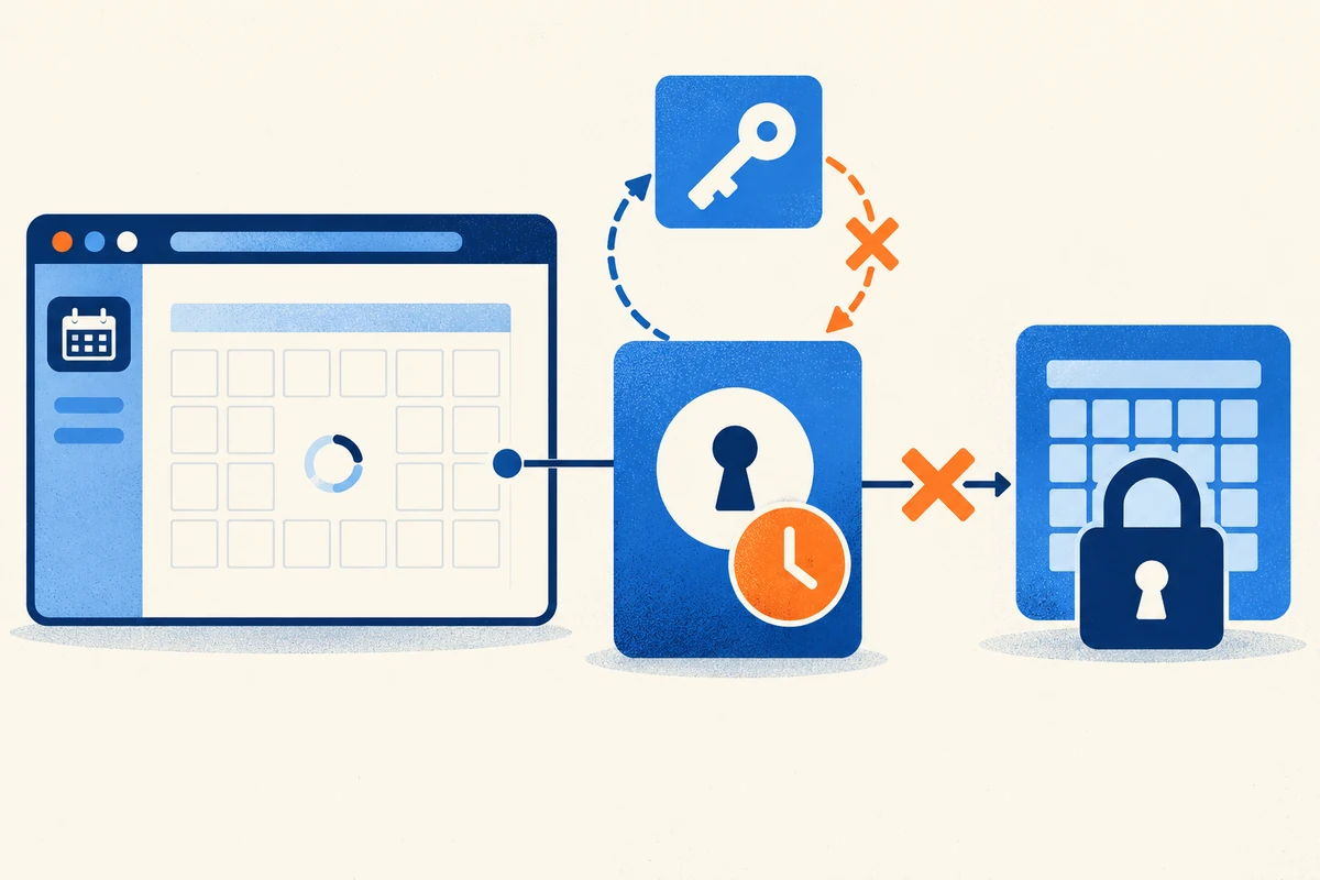 Challenges in Monitoring Applications That Use OAuth An expired access token and failed renewal prevent an open calendar app from fetching data protected by a closed lock.