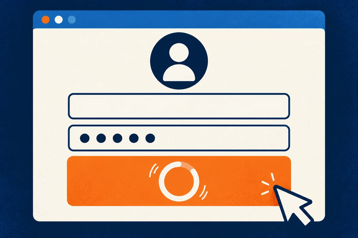 A login form with password dots and a clicked orange sign-in button stuck on a loading spinner.