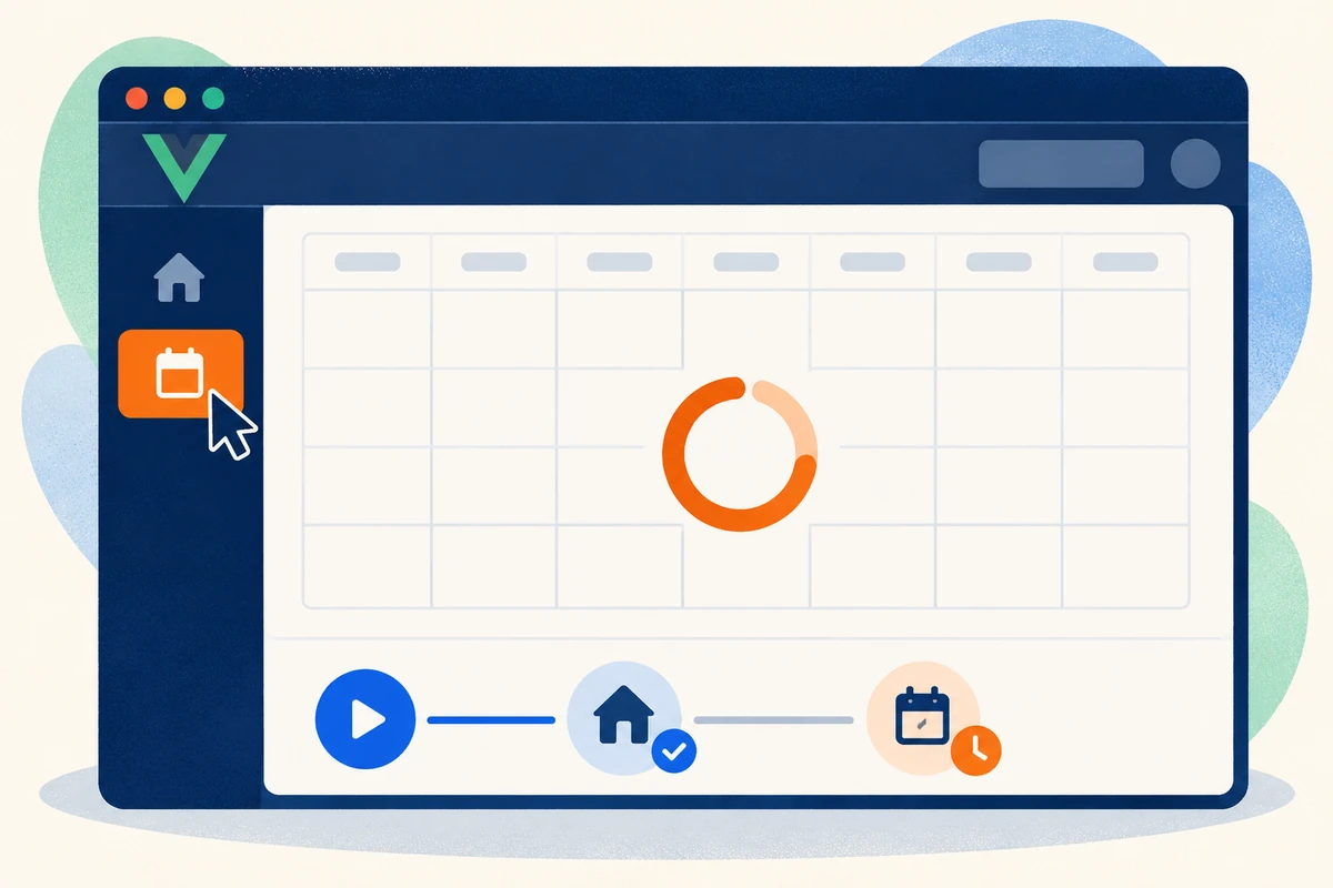 A Vue application’s calendar route stays loading after the home view passes a scripted browser check.