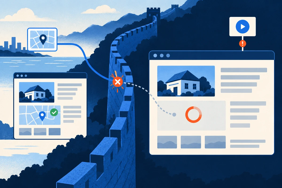 A property page’s map loads outside a Great Wall-shaped network boundary but stalls inside, where a local browser check detects the failure.