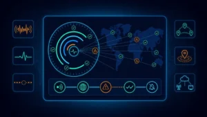 Dark featured image showing synthetic monitoring cadence, global checkpoint locations, and alert verification as a luminous monitoring network.
