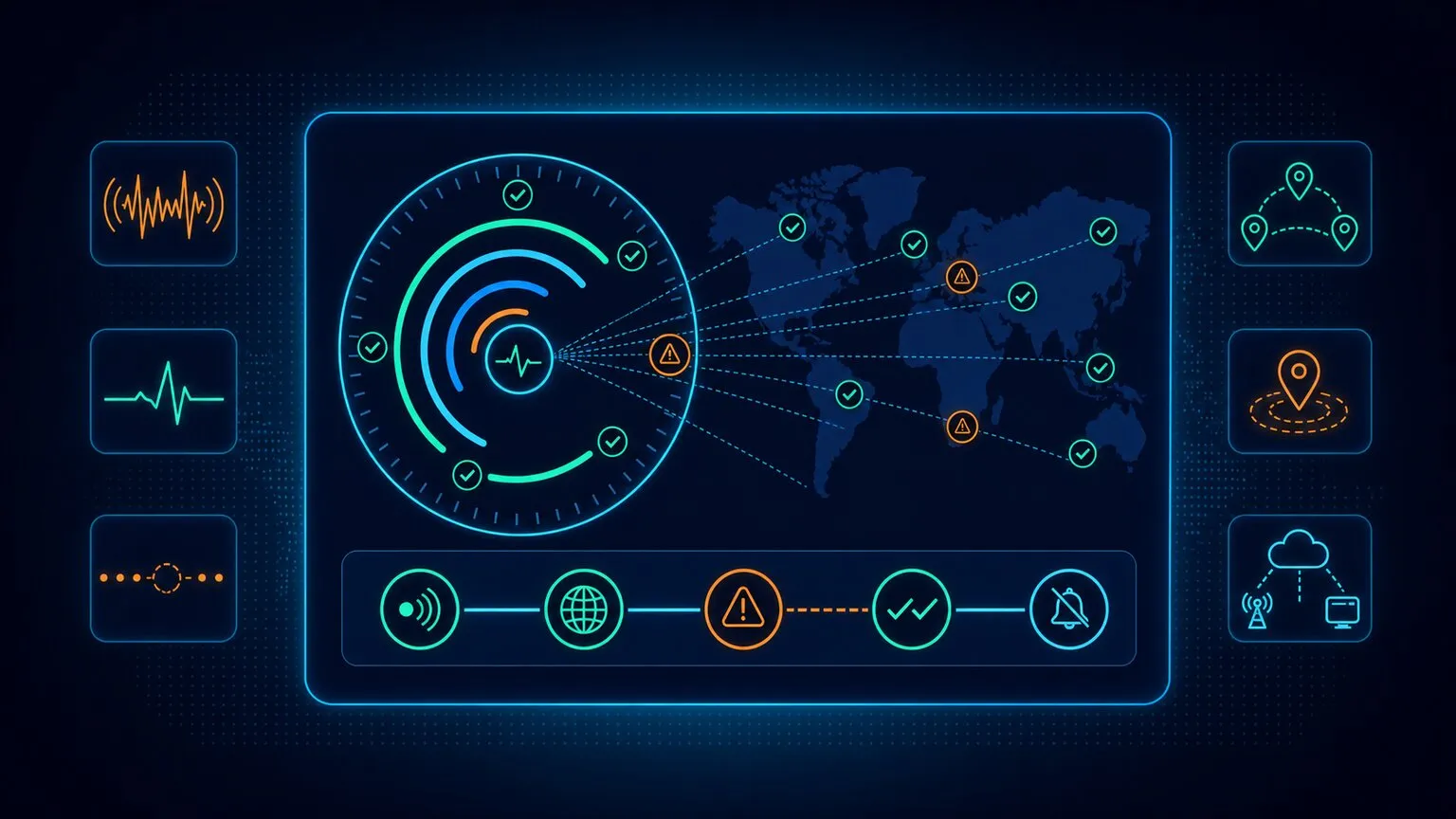 Dark featured image showing synthetic monitoring cadence, global checkpoint locations, and alert verification as a luminous monitoring network.