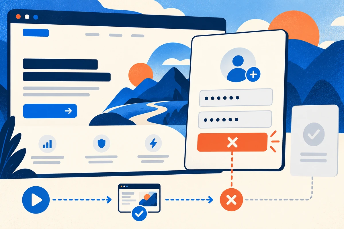 A polished app landing page passes a check, but its sign-up form fails before a new account is confirmed.
