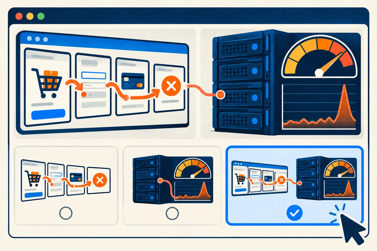A monitoring comparison selects combined checkout-journey and server-resource coverage.