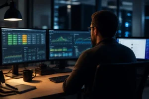 IT administrator reviewing SharePoint farm health dashboards across multiple monitors in an operations room