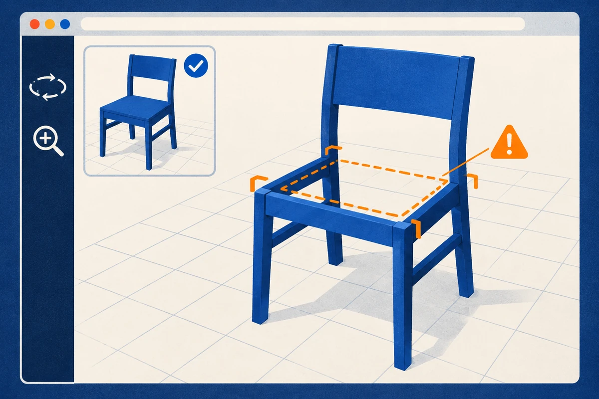 A browser-based 3D chair model is missing its seat, highlighted beside a complete reference image.