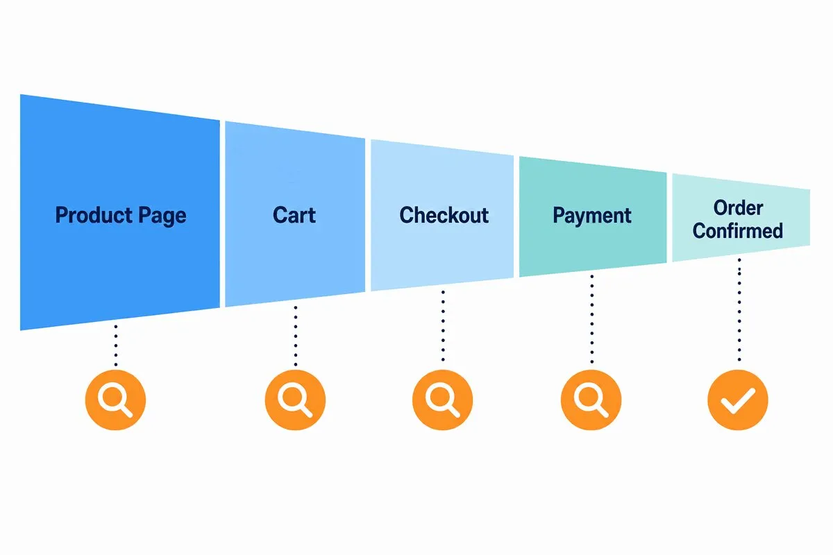 E-Commerce-Konversionstrichter-Diagramm mit fünf Stufen: Produktseite, Warenkorb, Checkout, Zahlung und Bestellbestätigung, jeweils mit einem Überwachungspunkt darunter