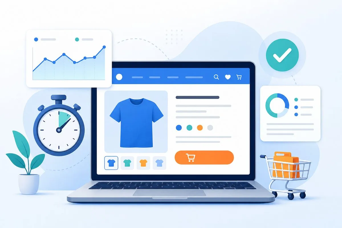 Illustration einer E-Commerce-Produktseite auf einem Laptop, umgeben von Überwachungselementen: ein Leistungschart, Stoppuhr, Status-Häkchen und Warenkorb