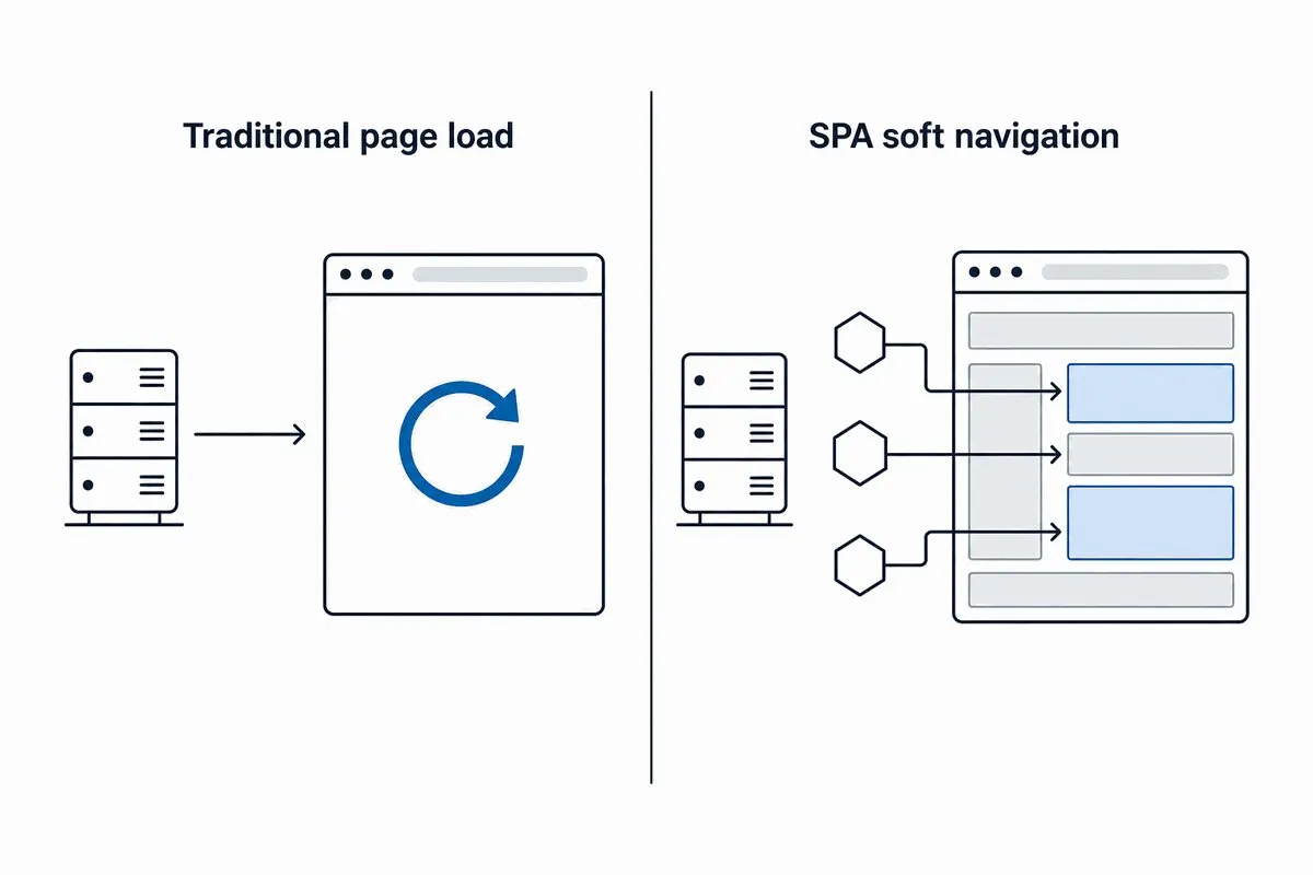 Diagram comparing a traditional full page load with an SPA soft navigation where only individual components update from API calls