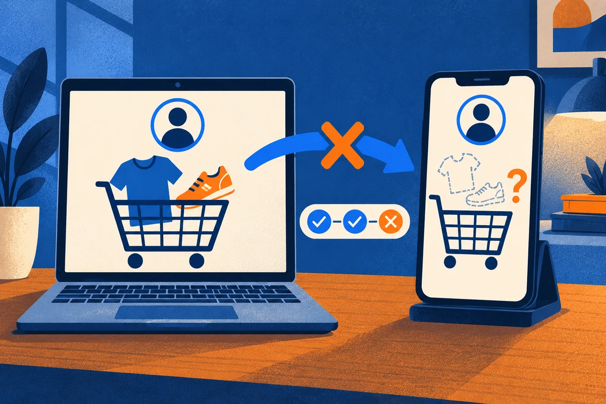 A filled desktop cart becomes empty on mobile for the same account, revealing a failed cross-device journey.