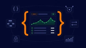 Editorial illustration of an API monitoring snapshot framed by large orange curly braces on a deep navy background, with faint API-themed glyphs scattered around it — visualizing a well-chosen API monitoring approach.