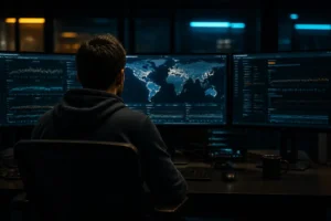 Operations engineer reviewing a global website monitoring dashboard with regional checkpoints, latency timelines, and active alerts