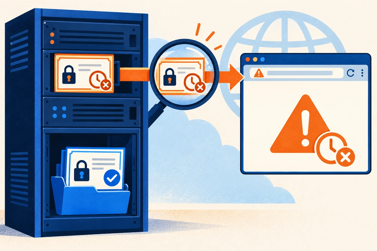 External SSL check finds an expired certificate still being served while its renewed replacement remains saved on the server.
