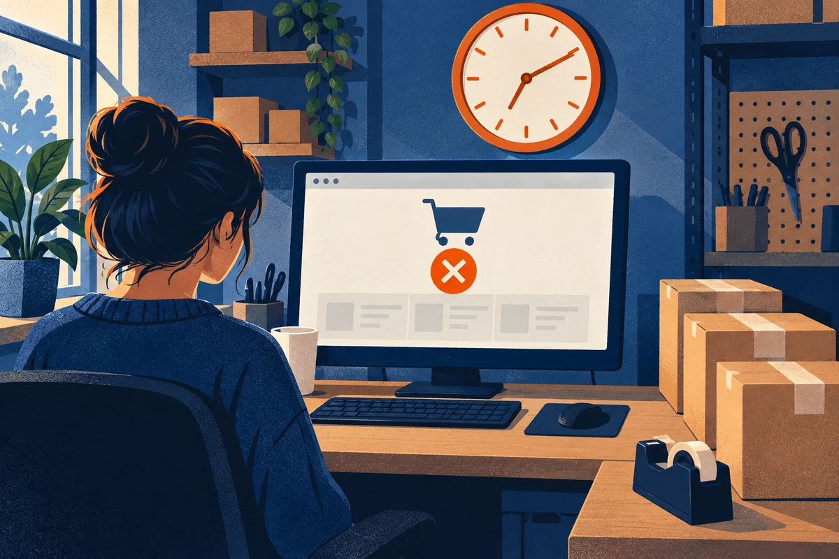Shipping worker waiting beside unshipped parcels as an unavailable order system stops work and the clock keeps running.