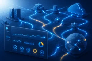 Editorial illustration of API monitoring as a digital nervous system — interconnected data nodes, server racks, cloud platforms, and a globe linked by glowing data paths, with a translucent dashboard panel in the foreground.