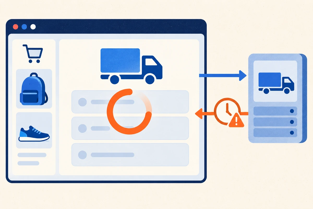 Checkout waits for delivery options while an external shipping API returns a slow response, flagged by a monitoring warning.
