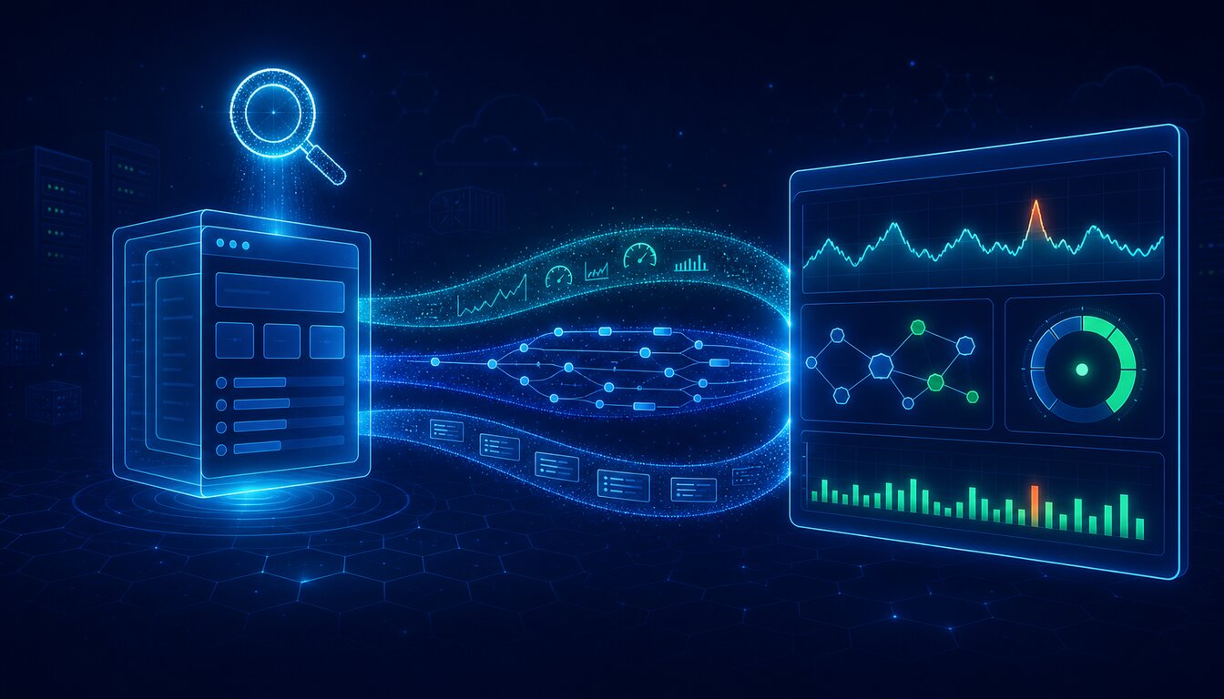 Holographic illustration of application performance monitoring: metrics, traces, and logs flowing from an instrumented application into a unified APM dashboard on a deep navy background.