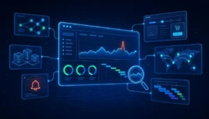 Holographic application performance dashboard surrounded by floating monitoring panels — API traces, real-browser checks, global locations, and alerts — on a deep navy background, illustrating the top 8 APM tools of 2026.