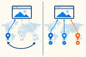 Geographic website checks rotate through one active location on the left, while all locations are checked and a regional failure appears on the right.
