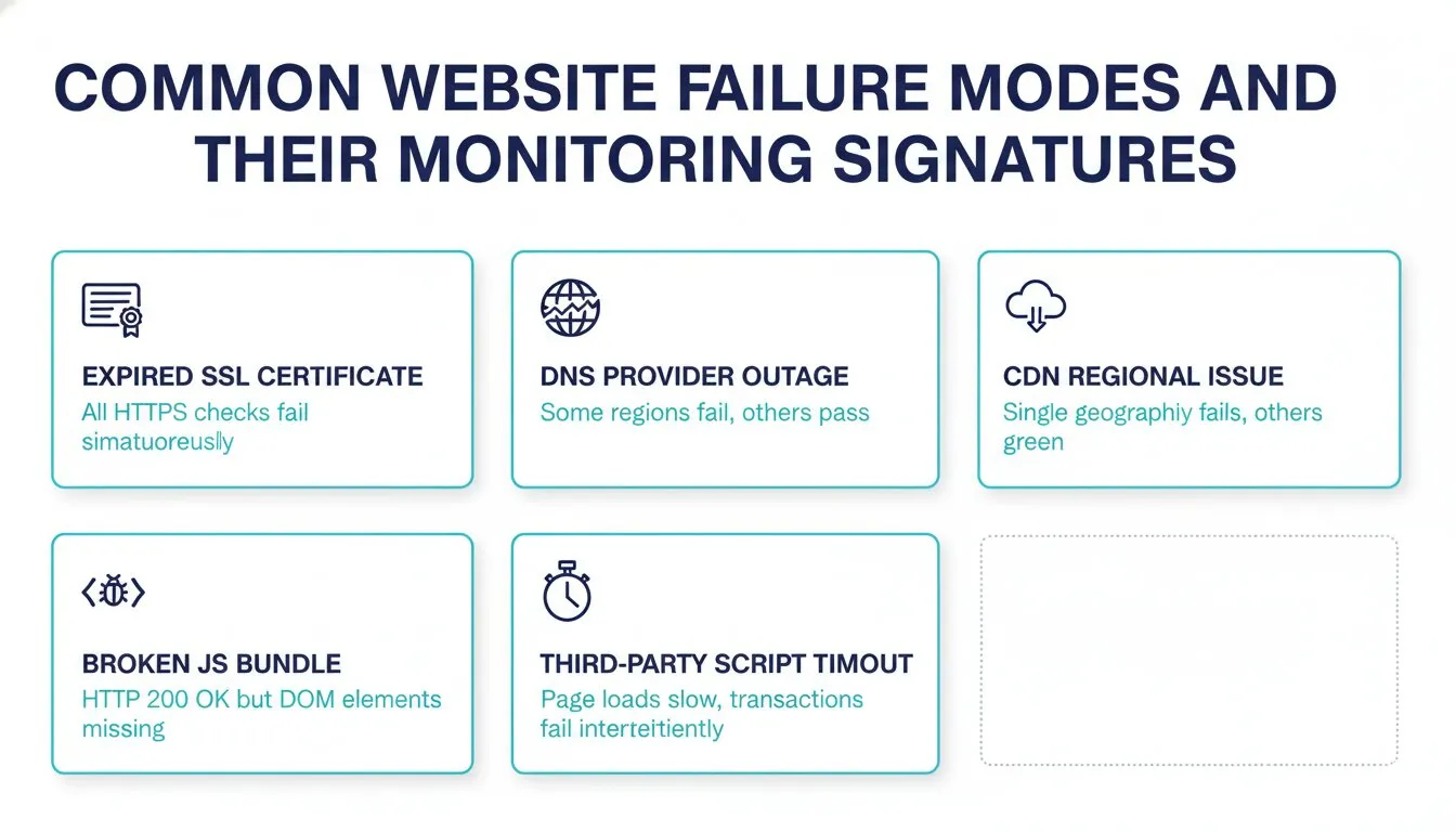 Grid of common website failure modes: expired SSL certificate, DNS provider outage, CDN regional issue, broken JavaScript bundle, and slow third-party script, each shown with its monitoring signature.