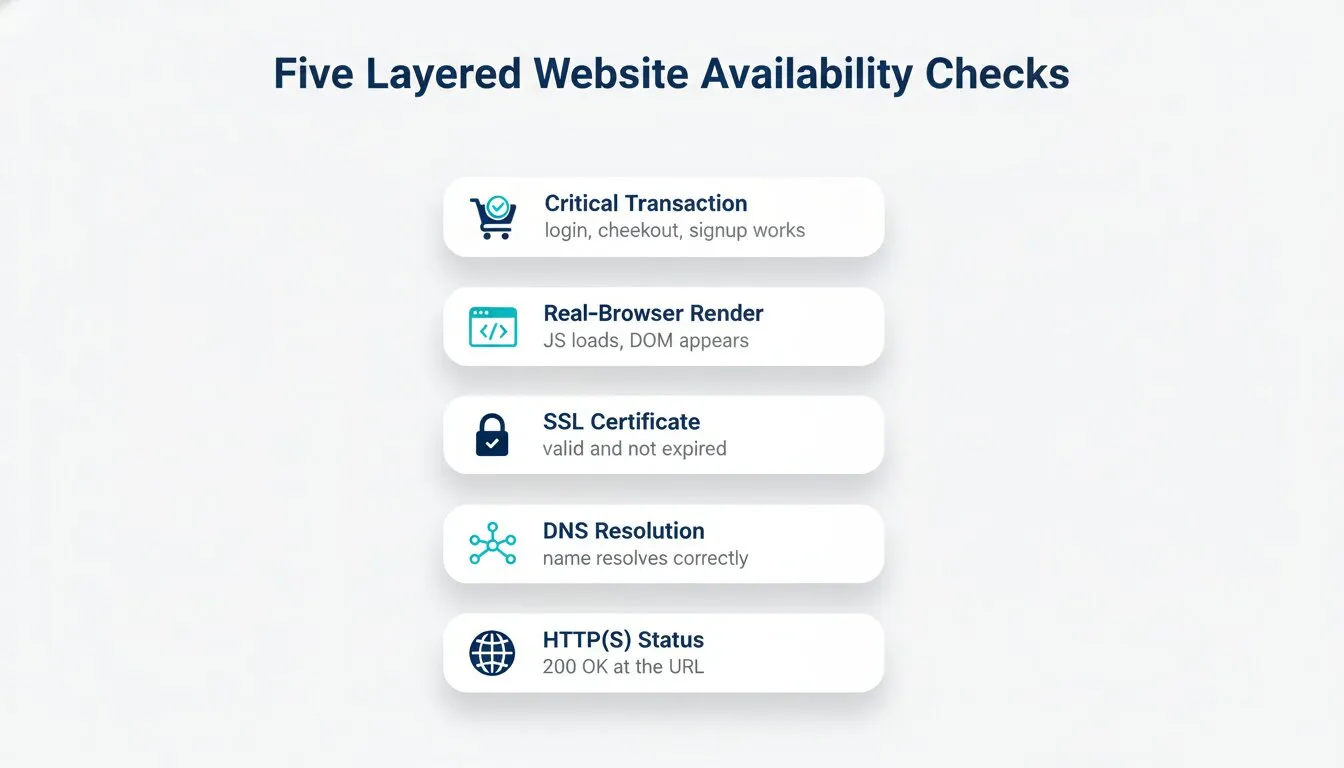 Diagram of five layered website availability checks: HTTP status, DNS resolution, SSL certificate, real-browser page render, and multi-step transaction monitoring.