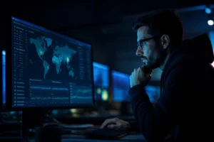 On-call engineer reviewing a website monitoring alert console showing confirmed outages, escalation tiers, and notification channels at night
