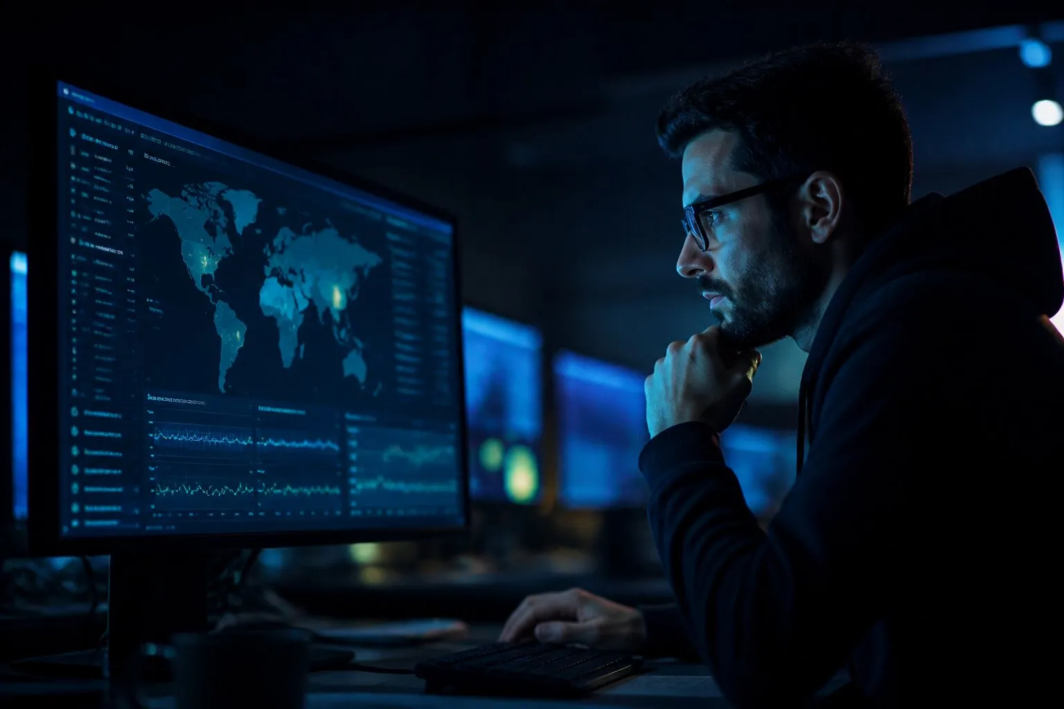 On-call engineer reviewing a website monitoring alert console showing confirmed outages, escalation tiers, and notification channels at night