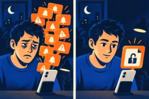 An exhausted on-call engineer faces a flood of notifications, while a second view shows focused attention on one certificate-failure alert.