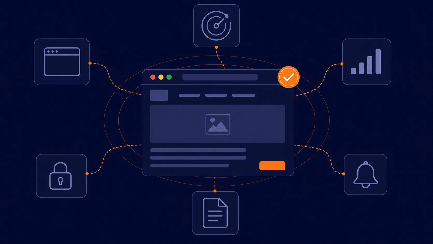 Editorial illustration of a stylized browser window on a deep navy background surrounded by six monitoring facet chips — uptime, real-browser, SSL, performance, alerts, and reporting — converging on the site with orange connector threads, visualizing comprehensive website monitoring best practices.
